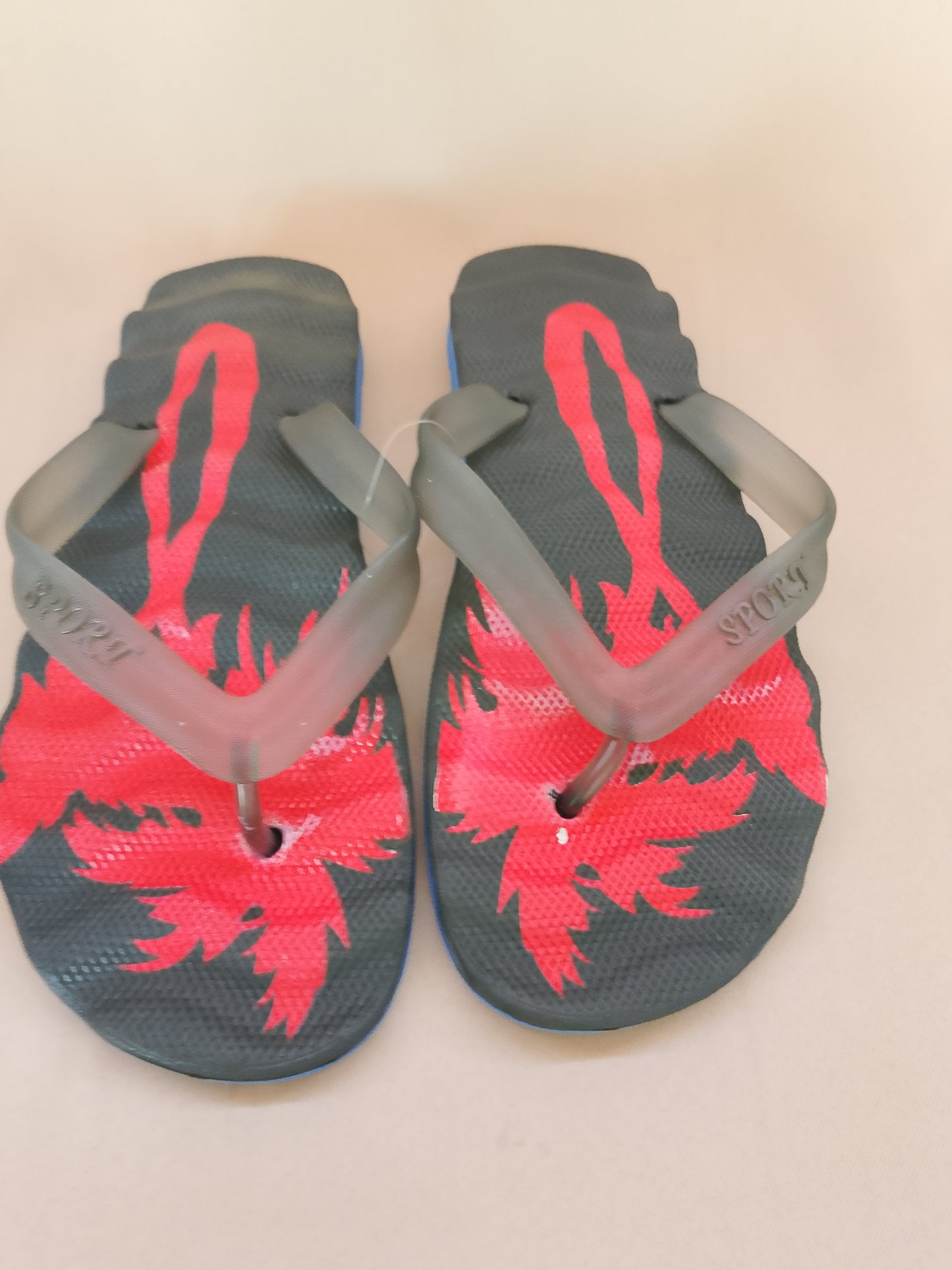Șlapi/Slapi de Plajă Gri cu Palmieri Roșii, Tip Flip-Flop - Stil Urban și de Vacanță
