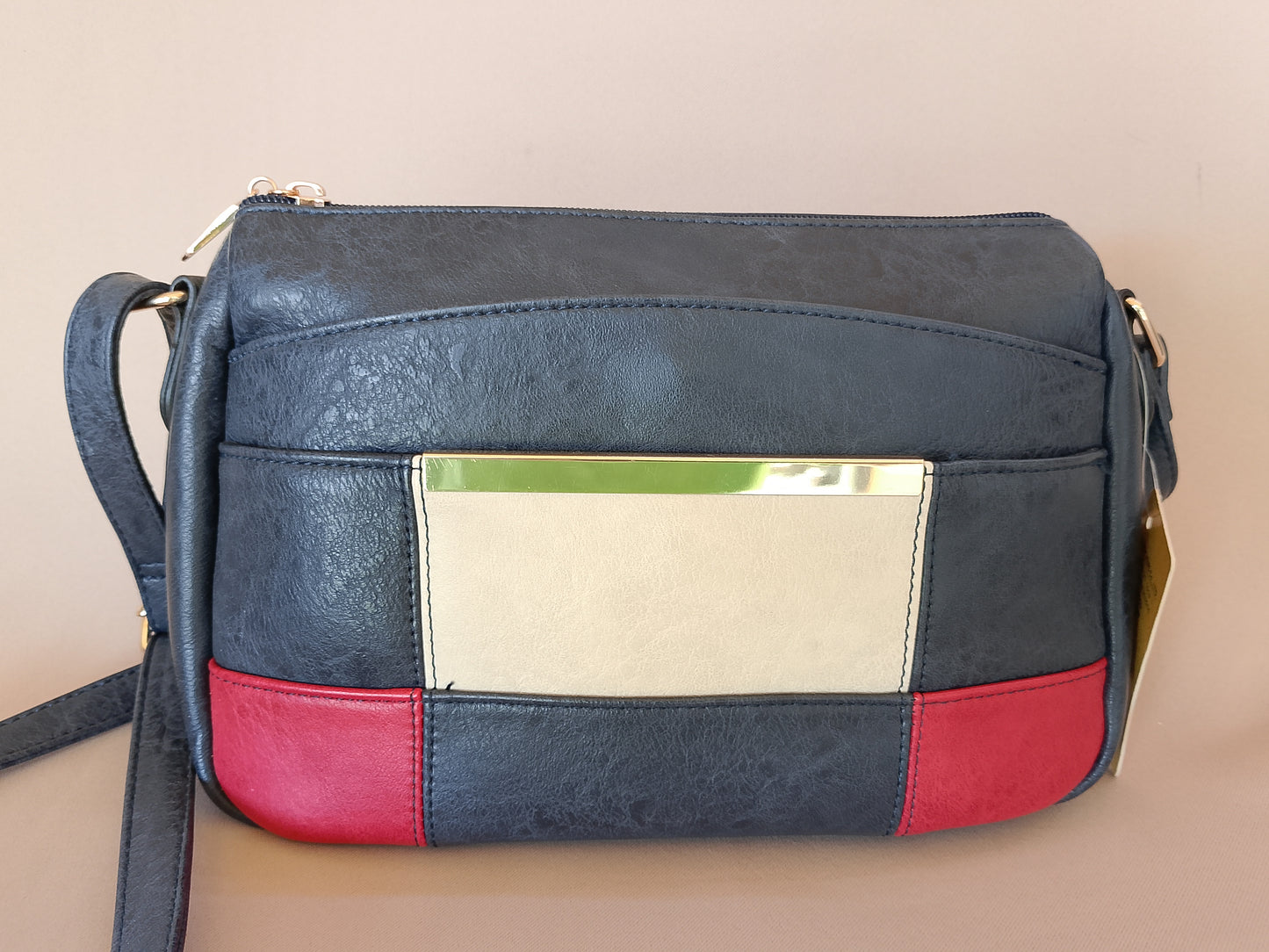 Geantă Crossbody/Umăr cu Blocuri de Culori, Bleumarin, Roșu și Crem - Stil Modern