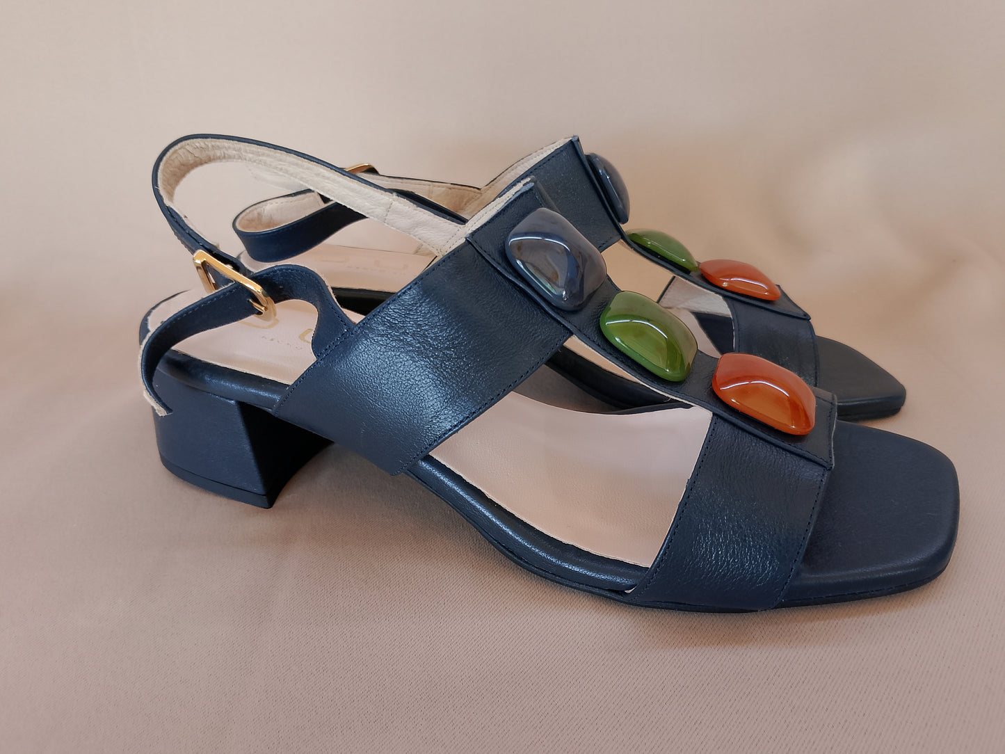 Sandale Dama DUIT cu Toc Gros și Pietre Colorate, Bleumarin - Stil Vibrant