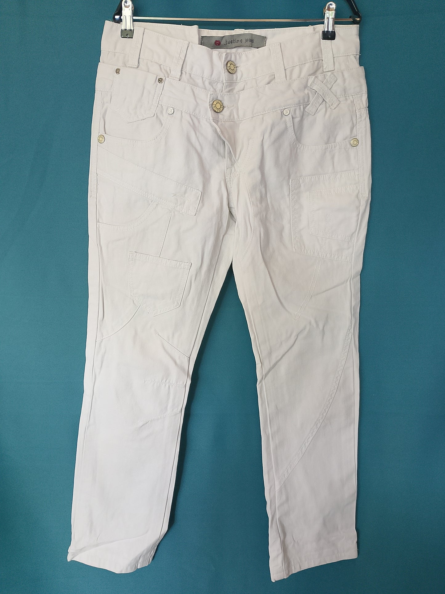 Blugi albi unisex, mărimea 34, Justing Jeans - Stare impecabilă!