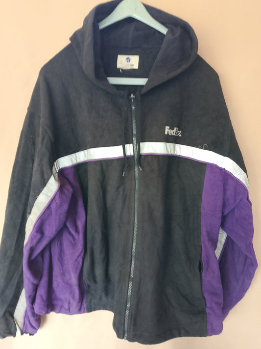 Geacă de fleece cu glugă, stil retro, brand FedEx. Fermoar defect.