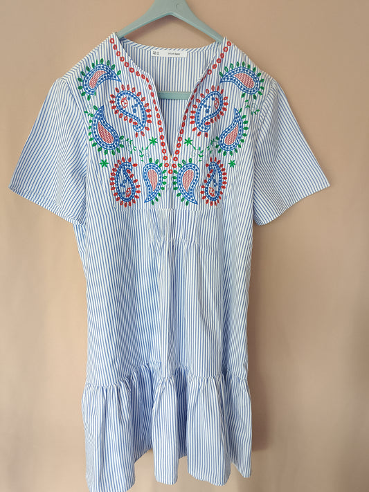 Rochie tip tunică, cu broderie etnică și dungi - Mango - Stil boem chic! Marime XL.