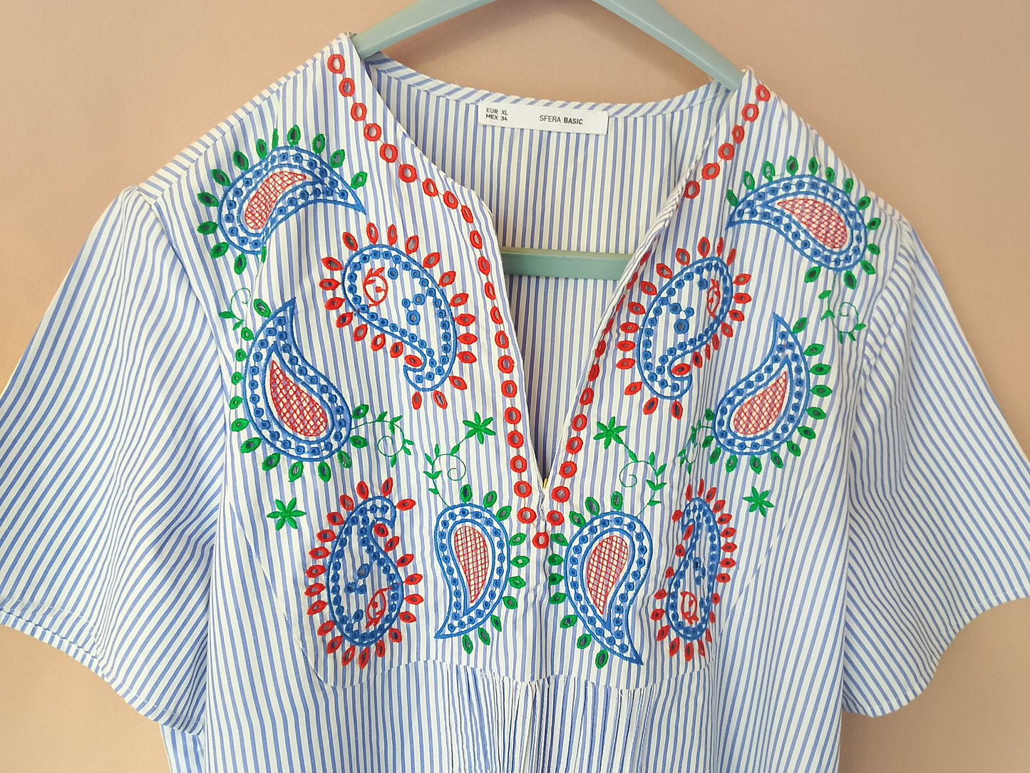 Rochie tip tunică, cu broderie etnică și dungi - Mango - Stil boem chic! Marime XL.