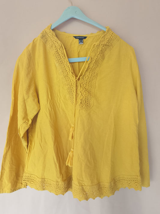 Bluză lejeră, galbenă, cu broderie și ciucuri - Cortefiel - Stil boem și rafinat. Marime M.