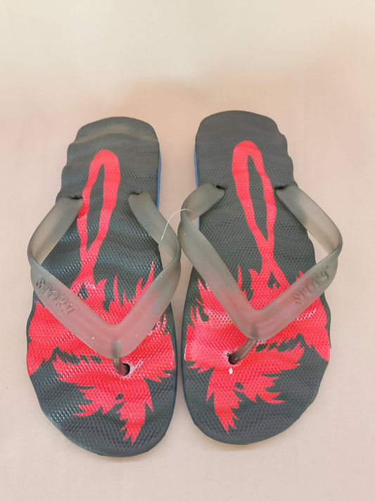Șlapi/Slapi de Plajă Gri cu Palmieri Roșii, Tip Flip-Flop - Stil Urban și de Vacanță