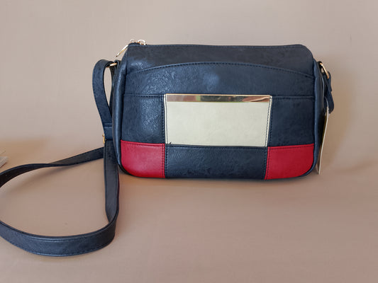 Geantă Crossbody/Umăr cu Blocuri de Culori, Bleumarin, Roșu și Crem - Stil Modern