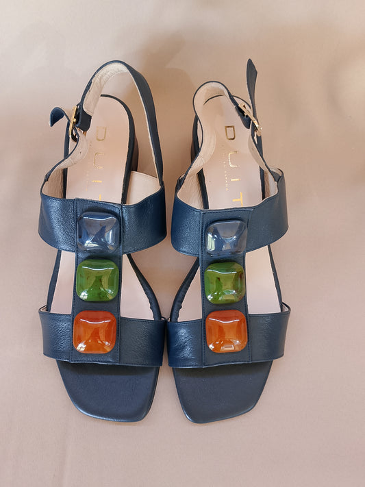 Sandale Dama DUIT cu Toc Gros și Pietre Colorate, Bleumarin - Stil Vibrant